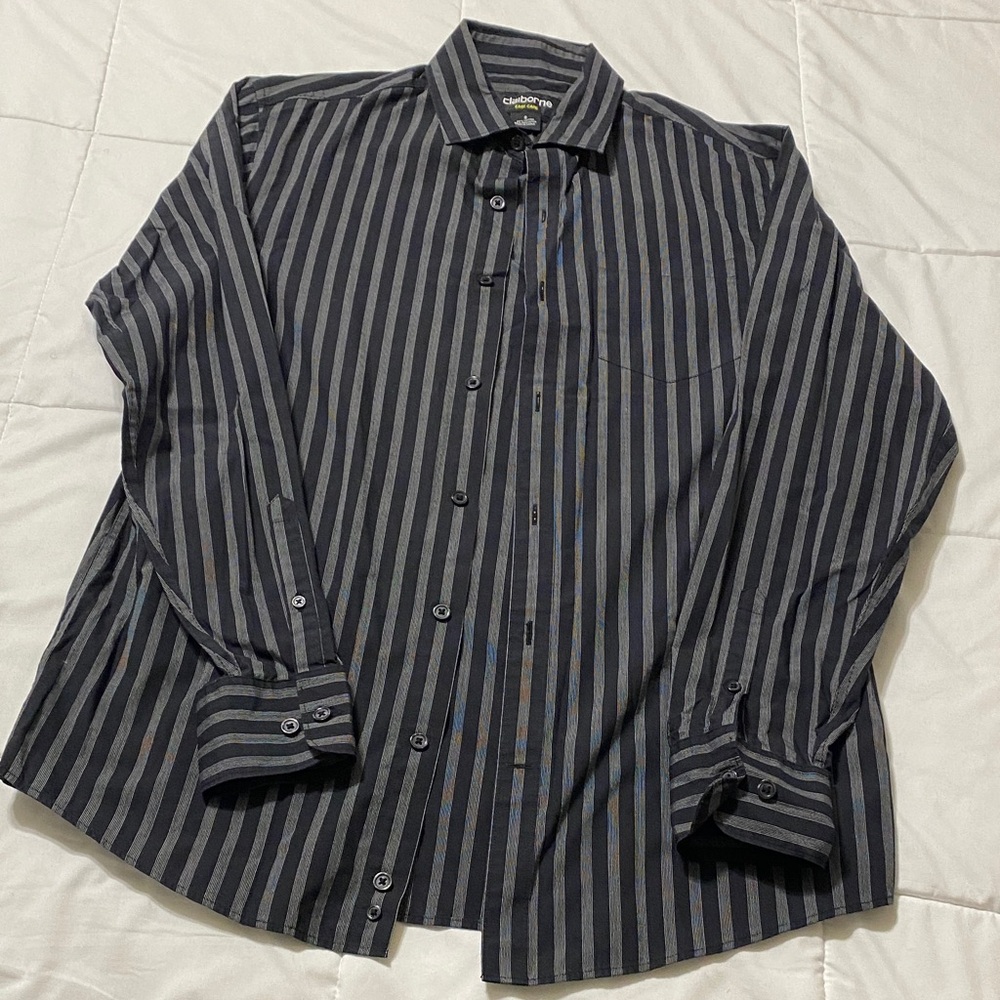 Claiborne Men's Black and Gray Striped Button-Down Shirt